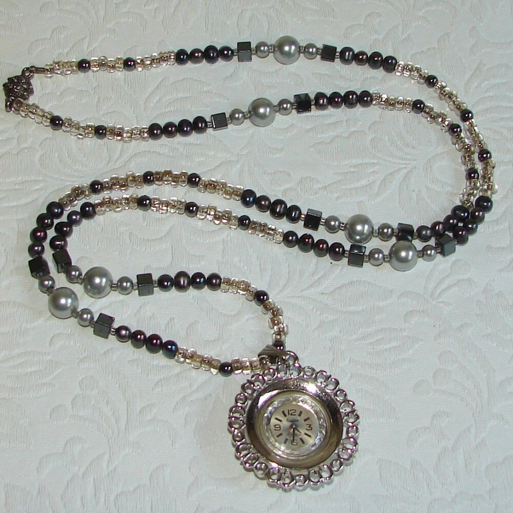 Vtg Brookside 17J Pendant WATCH on 29" Beaded Hematite NECKLACE, Needs TLC  B74